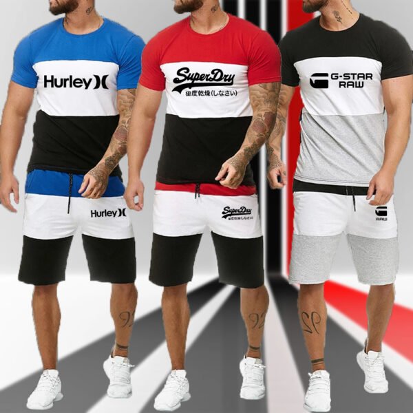 Men's Bodybuild Patchwork Striped Activewear Summer Casual Short Sleeve Funny Luxury Print Sports Streetwear T Shirts Shorts Set