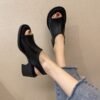 Ankle-strap buckle women's high-heeled sandal summer simple round head chunky heel solid color open toe low-top shoes - Image 4