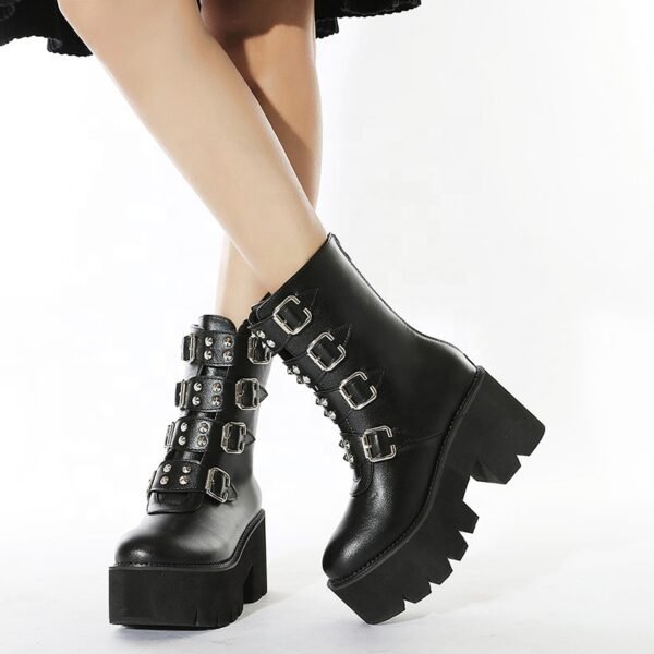 New Fashion black ladies thick heels platform boots Party shoes back zipper buckles ankle boots for women