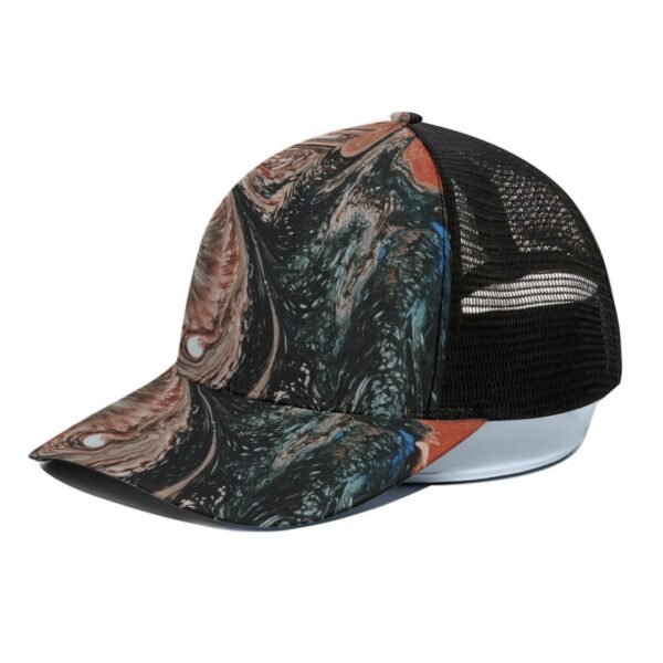 Unisex Peaked Cap With Black Half-mesh--Black Abstract Printed Design
