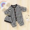 2 Pcs Newborn Houndstooth Outfits Autumn Winter, Baby Girl Boy Button-down Long Sleeve Round Neck Romper Hat - Image 2