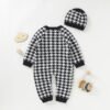 2 Pcs Newborn Houndstooth Outfits Autumn Winter, Baby Girl Boy Button-down Long Sleeve Round Neck Romper Hat - Image 3