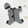 2 Pcs Newborn Houndstooth Outfits Autumn Winter, Baby Girl Boy Button-down Long Sleeve Round Neck Romper Hat - Image 4