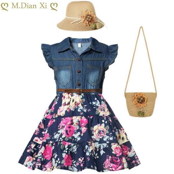 2022 New Girl Clothes Cowboy Jean Denim Bow Floral Dress Summer Clothes Casual Party Shirt Dress Vestido Children Fashion Outfit
