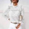 40# Elegant Ruffles Stand Lace Blouses Womens Silod Lace Long Sleeve casual Loose Shirts Vintage Tops Блузка Женская Нарядная - Image 2