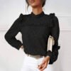 40# Elegant Ruffles Stand Lace Blouses Womens Silod Lace Long Sleeve casual Loose Shirts Vintage Tops Блузка Женская Нарядная - Image 3