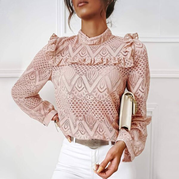 40# Elegant Ruffles Stand Lace Blouses Womens Silod Lace Long Sleeve casual Loose Shirts Vintage Tops Блузка Женская Нарядная