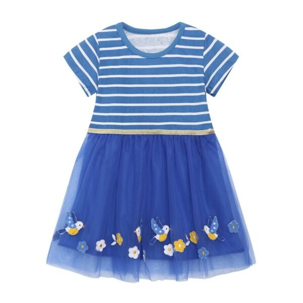 Jumping Meters New Arrival Princess Girls Dresses Tutu Birds Applique Stripe Short Sleeve Hot Selling Children's Costume Hot