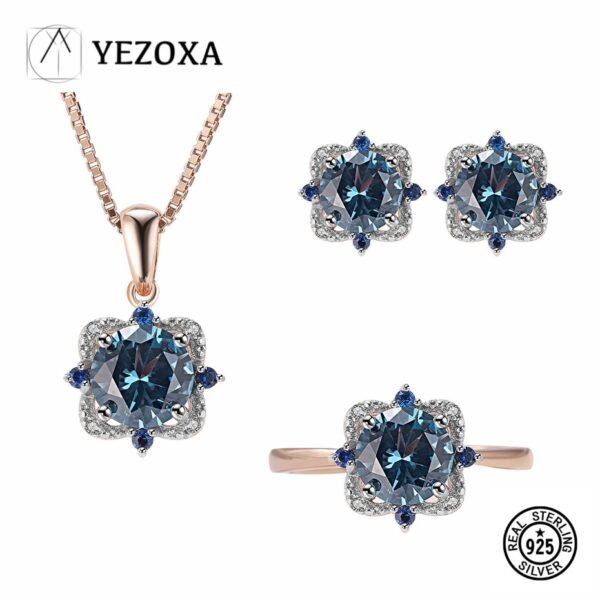 Real 925 Sterling Silver Jewelry Sets London Blue Topaz Created Gemstone For Women Birthday Wedding Fine Jewelry Rose Gold Plate
