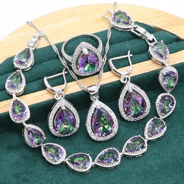 Water Drop Rainbow Topaz 925 Silver Wedding Jewelry set for Women Party Bracelet Earrings Necklace pendant Ring