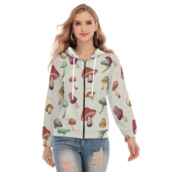 All-Over Print Women's Raglan Sleeve Hoodie With Zipper Closure-Mushroom Design-Printed As Shown