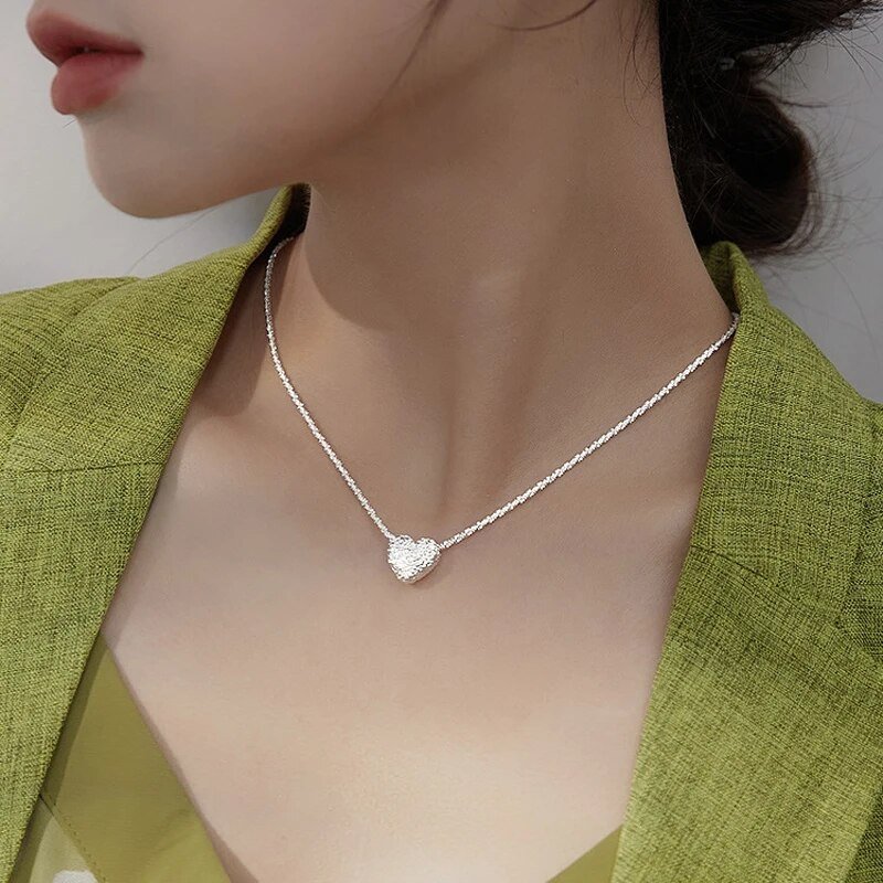 New 925 Sterling Silver Girls Hammer pattern Love Necklace Simple Heart shaped Pendant Women's Gift Boutique Jewelry NK153 - Image 3