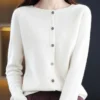 New Fashion Autumn 100% Pure Merino Wool Womens O-neck Cardigan Cashmere Sweater 2023 Female Clothing Grace Knitwear Korean Tops - Image 2