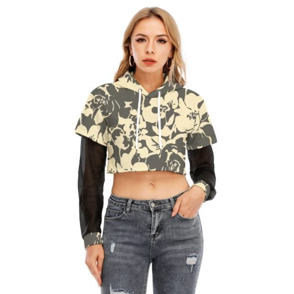Gray Printed Flowers All-Over Print Women's Fake Two-piece Mesh Sleeve Cropped Hoodie-eb102