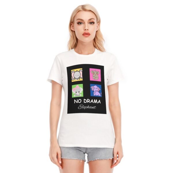 No Drama Elephant Design-All-Over Print Women's Round Neck T-Shirt | 190GSM Cotton-White