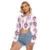 Pink Pattern All-Over Print Women's Crop Top Hoodie|Velvet-eb104 - Image 2