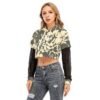 Gray Printed Flowers All-Over Print Women's Fake Two-piece Mesh Sleeve Cropped Hoodie-eb102 - Image 3
