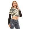 Gray Printed Flowers All-Over Print Women's Fake Two-piece Mesh Sleeve Cropped Hoodie-eb102 - Image 2