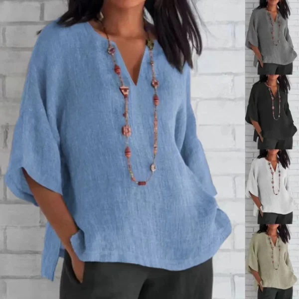Women's Cotton Shirt 2024 Summer V-Neck Loose Casual Blouse Women Top