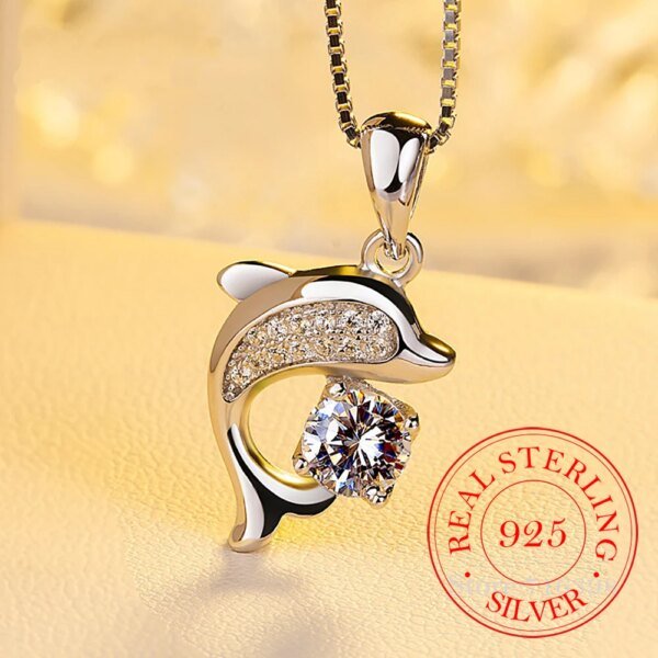 Real 925 Sterling Silver Jewelry Crystal Dolphin Charm Box Chain Pendants&Necklaces Party Gift