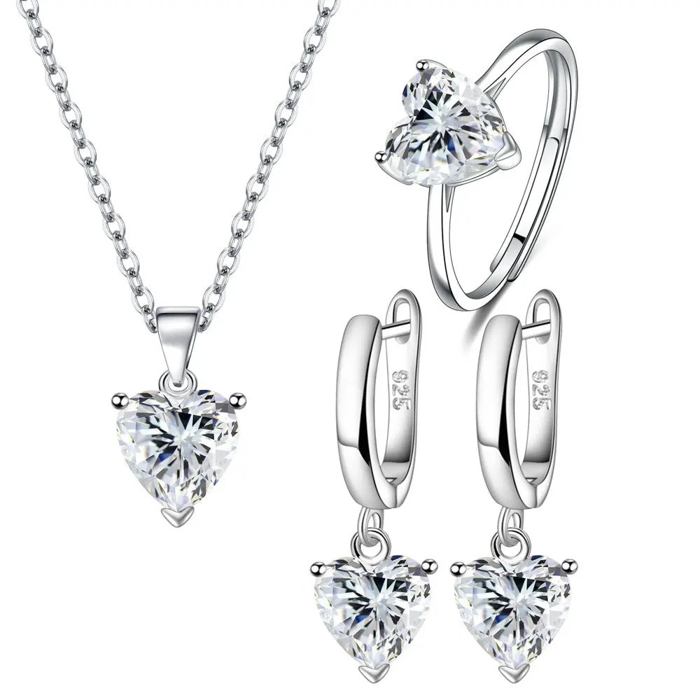 925 Sterling Silver Jewelry Sets For Women Heart Zircon Ring Earrings Necklace - Image 5