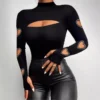 New Women Slim Fit Top Stylish Autumn Winter Sexy Blouse Mock Neck Bodycon - Image 2