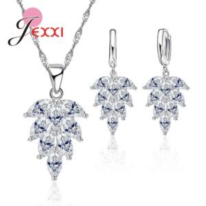 Brilliant Rhinestones Luxury Style Leaves Chains Pendant Necklace Earrings 925 Sterling Silver Jewelry Sets