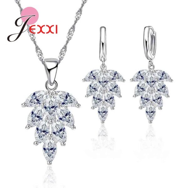 Brilliant Rhinestones Luxury Style Leaves Chains Pendant Necklace Earrings 925 Sterling Silver Jewelry Sets