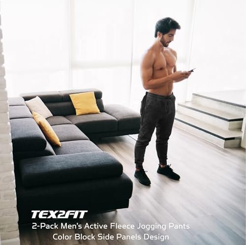 TEX2FIT 2-Pack Men's Active Fleece Joggers with Side Pockets, Jogging Pants (2pcs Set) (Black, Charcoal Heather, Medium) - Image 3