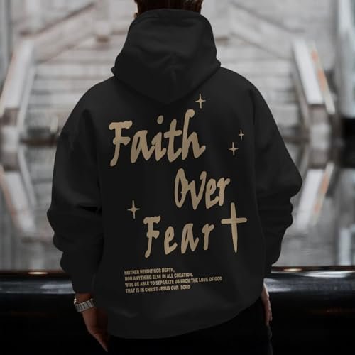 Lubpow Christian Faith Over Fear Hoodie for Men Inspirational Religious Jesus Sweatshirt Vintage Bible Verse Graphic Pullover, Black, Coffee - Image 5