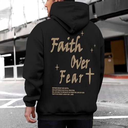 Lubpow Christian Faith Over Fear Hoodie for Men Inspirational Religious Jesus Sweatshirt Vintage Bible Verse Graphic Pullover, Black, Coffee - Image 3