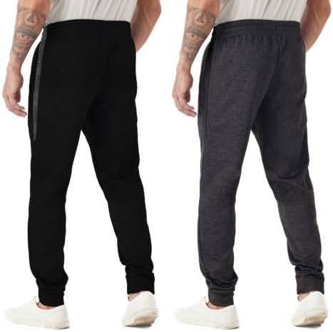 TEX2FIT 2-Pack Men's Active Fleece Joggers with Side Pockets, Jogging Pants (2pcs Set) (Black, Charcoal Heather, Medium) - Image 4