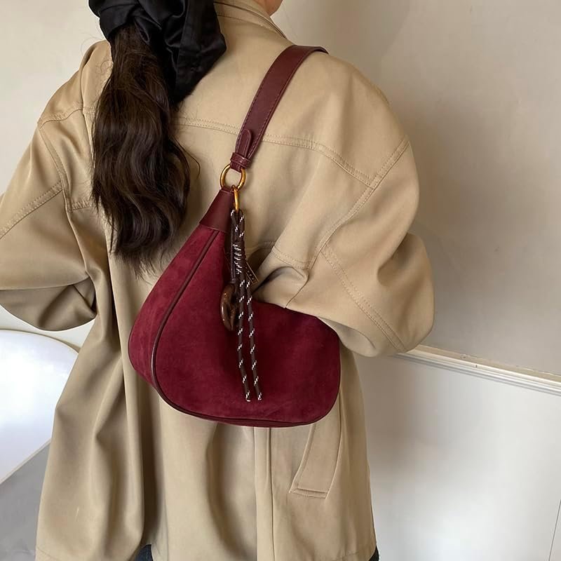 Slouchy Suede Shoulder Bags for Women Underarm Bag Work Purses Crescent Bag with Pendant 2025 Fall Winter Suede Handbag - Image 15