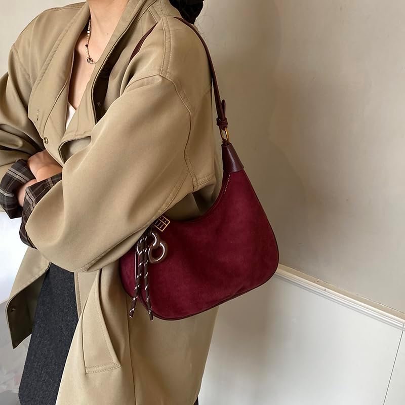 Slouchy Suede Shoulder Bags for Women Underarm Bag Work Purses Crescent Bag with Pendant 2025 Fall Winter Suede Handbag - Image 13