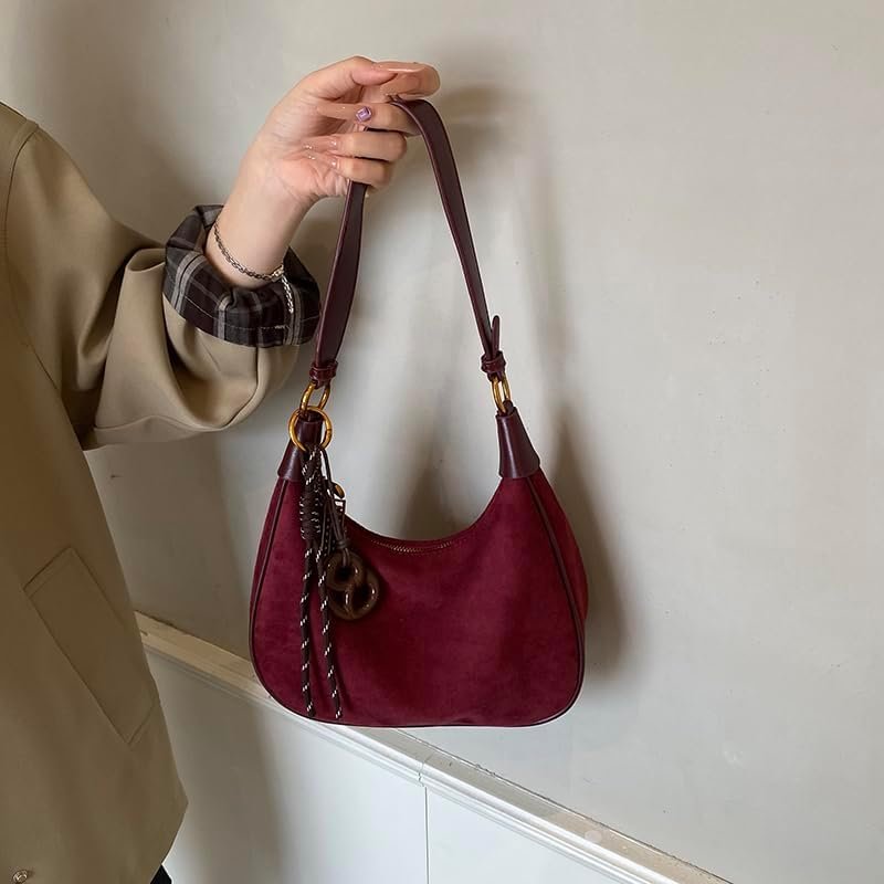 Slouchy Suede Shoulder Bags for Women Underarm Bag Work Purses Crescent Bag with Pendant 2025 Fall Winter Suede Handbag - Image 4