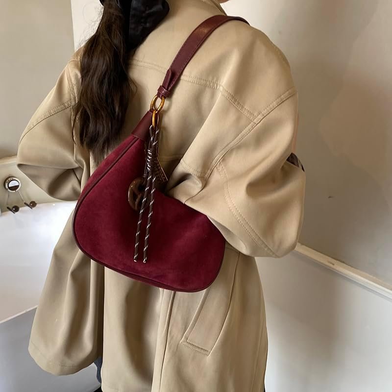 Slouchy Suede Shoulder Bags for Women Underarm Bag Work Purses Crescent Bag with Pendant 2025 Fall Winter Suede Handbag - Image 8