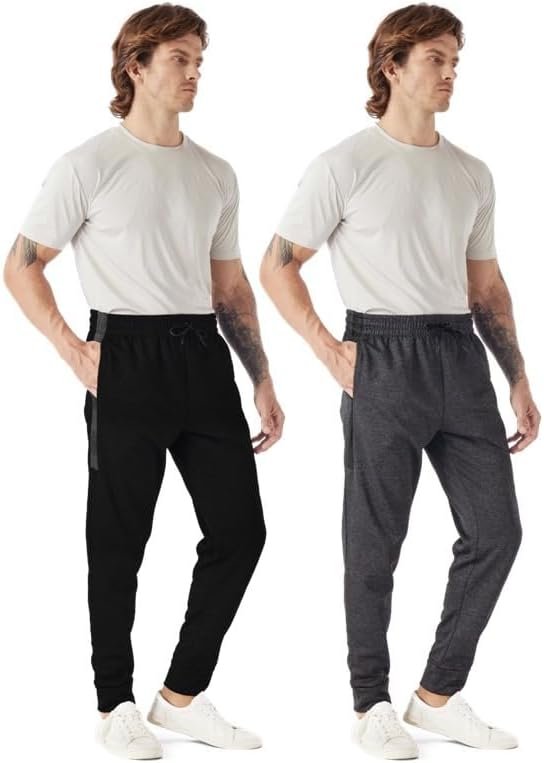 TEX2FIT 2-Pack Men's Active Fleece Joggers with Side Pockets, Jogging Pants (2pcs Set) (Black, Charcoal Heather, Medium) - Image 5