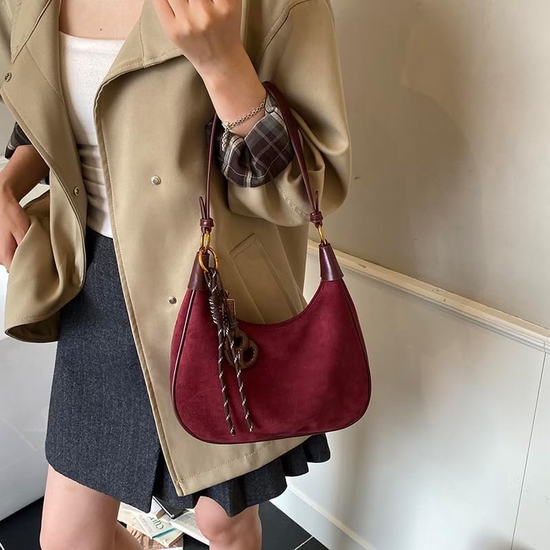 Slouchy Suede Shoulder Bags for Women Underarm Bag Work Purses Crescent Bag with Pendant 2025 Fall Winter Suede Handbag - Image 14