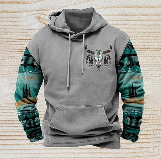 HJINGSUN Graphic Hoodies Men Western Hoodies for Men Tribal Aztec Cowboy Ethnic Hooded Sweatshirts Fall Vintage Country Long Sleeve Pullover Tops (A012-Grey Bull Skull) - Image 4