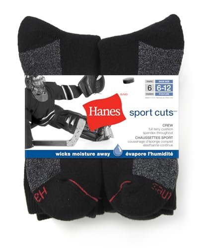 Hanes Mens 6pk Sport Cuts Crew Sock, Black, 6-12 US - Image 6