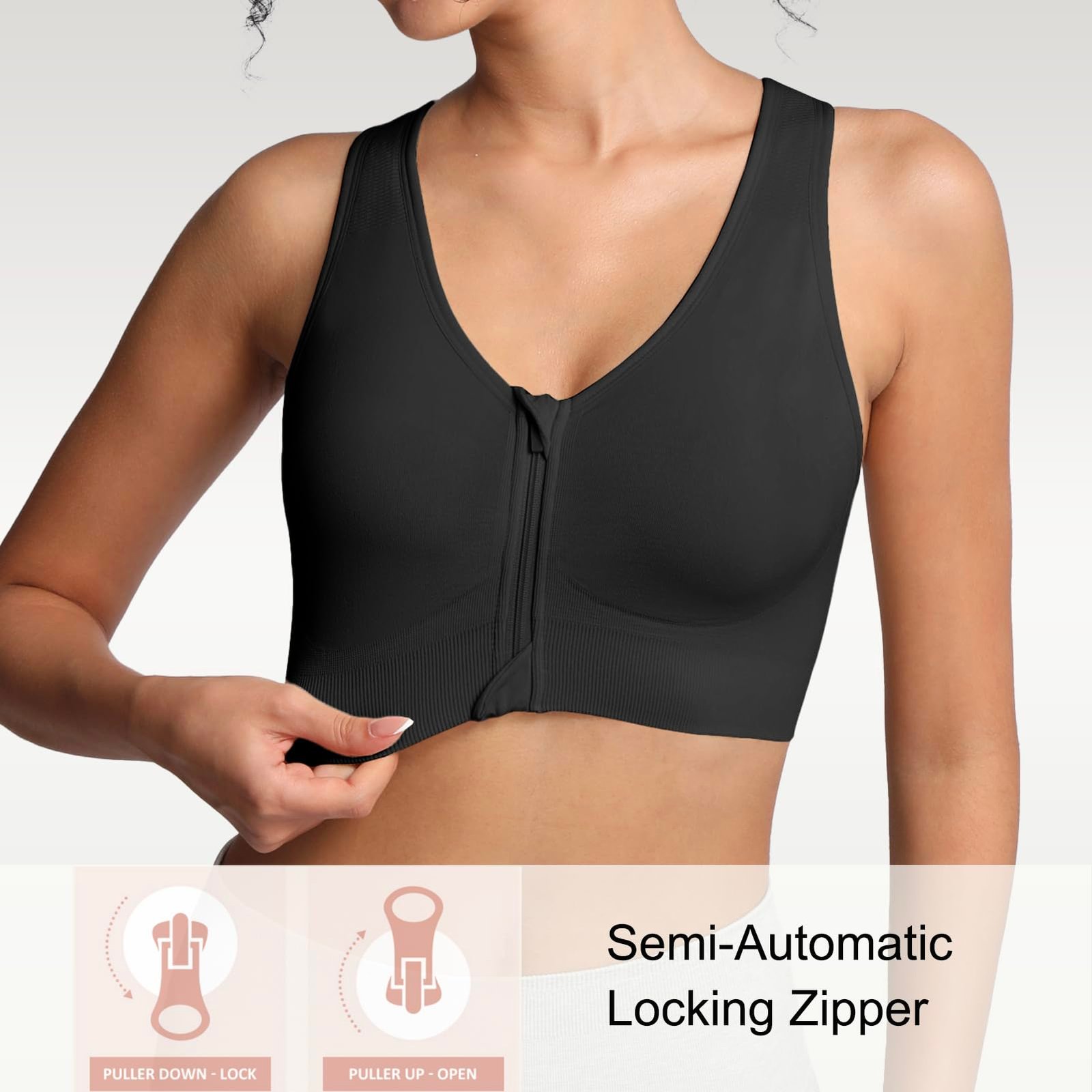 Lemef Sports Bras for Women Full Support Front Zip Closure Compression Bras Post Surgery Wireless Racerback Sport Brassiere Black L - Image 6