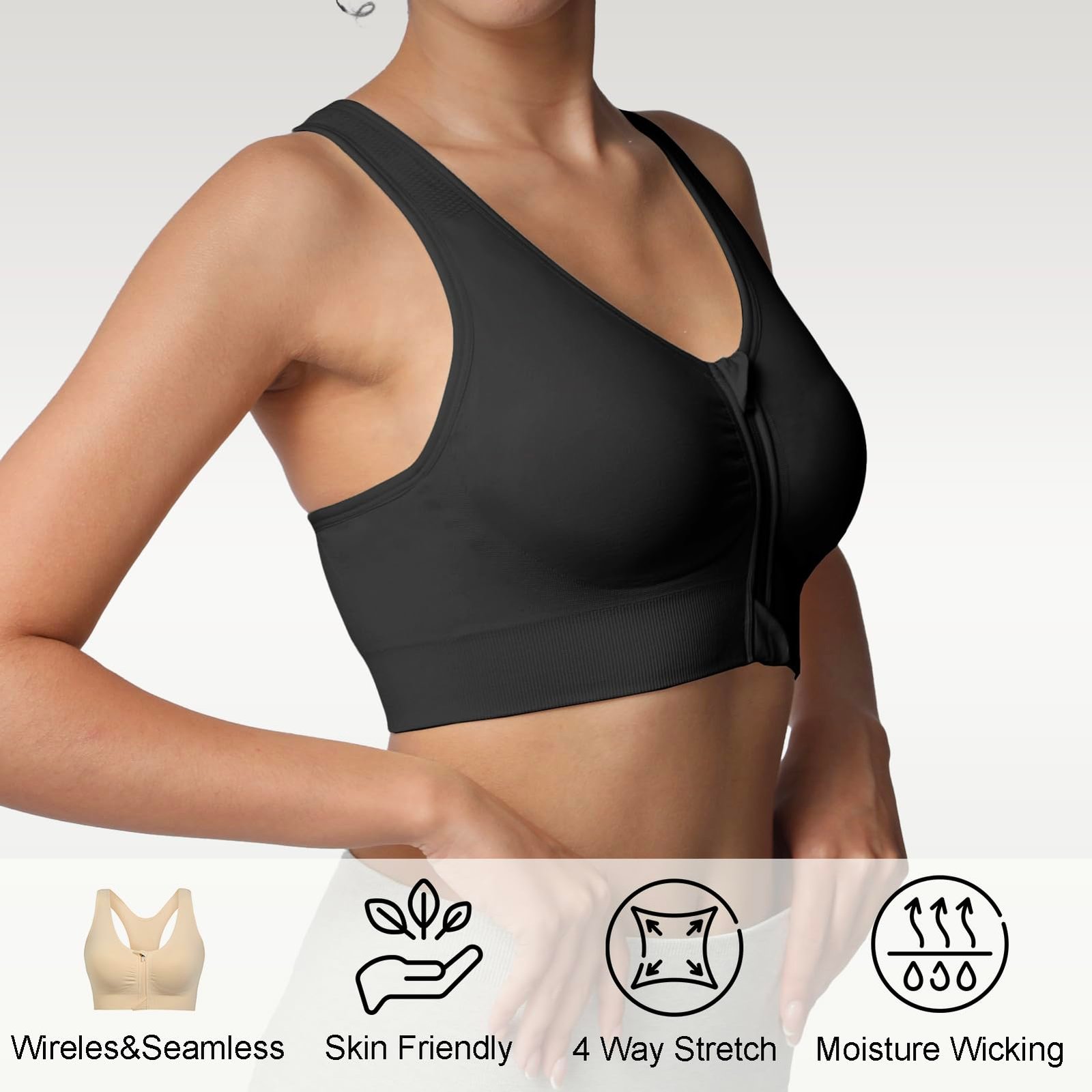 Lemef Sports Bras for Women Full Support Front Zip Closure Compression Bras Post Surgery Wireless Racerback Sport Brassiere Black L - Image 4
