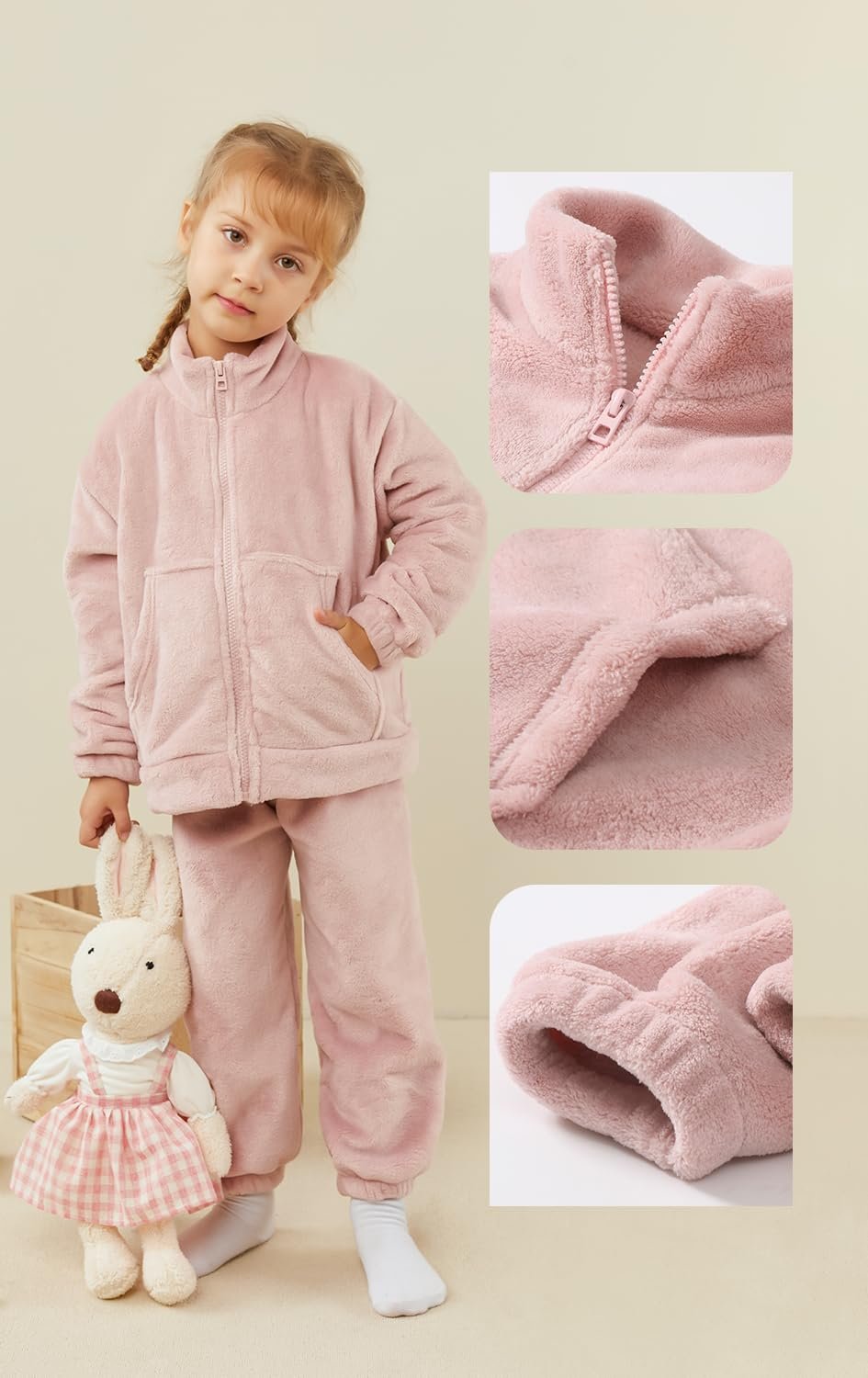 kiddook Girls' Flannel Pajama Sets, Zipper Top and Pants Winter Warm Soft Fuzzy Homewear(Pink,8-9Years) - Image 4