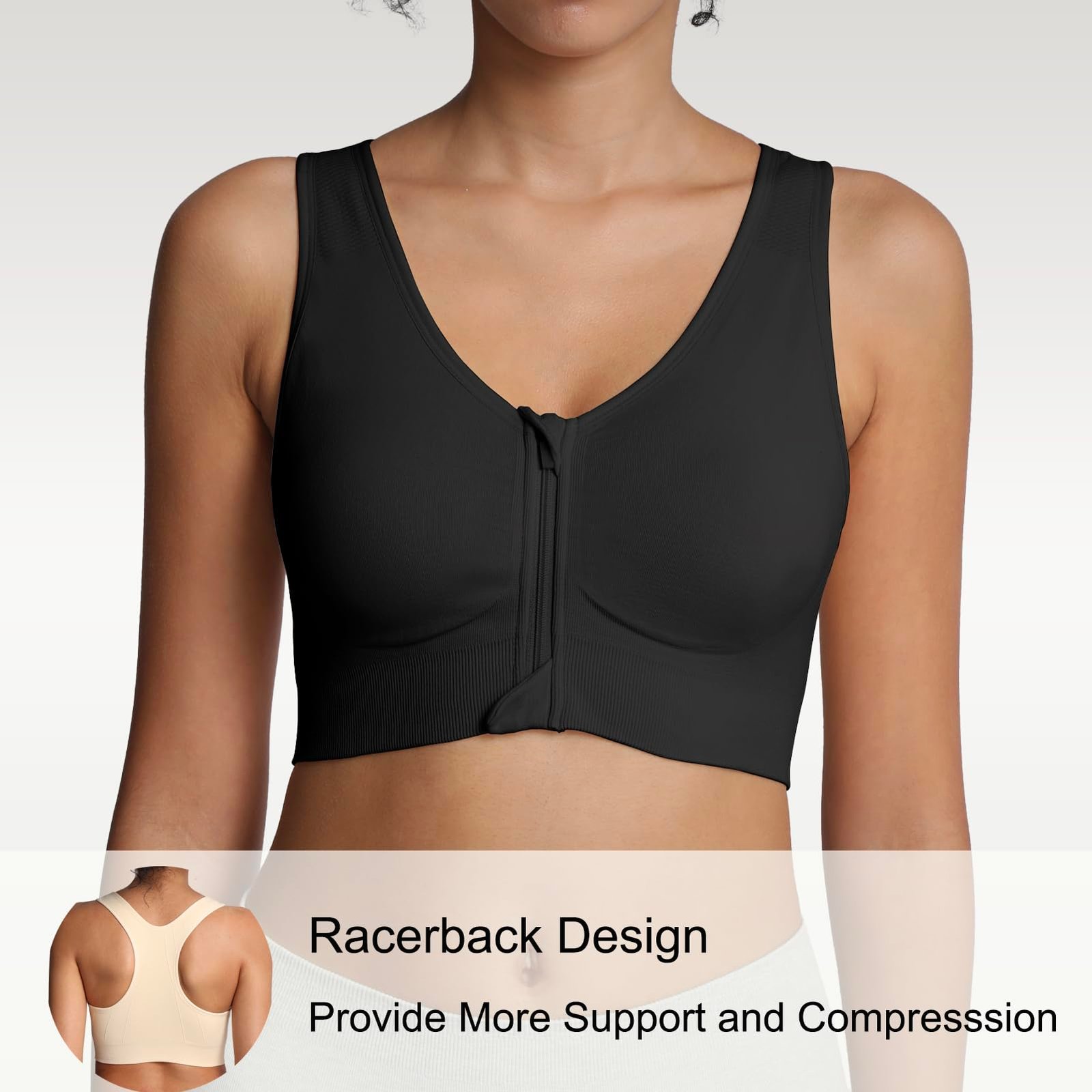 Lemef Sports Bras for Women Full Support Front Zip Closure Compression Bras Post Surgery Wireless Racerback Sport Brassiere Black L - Image 7