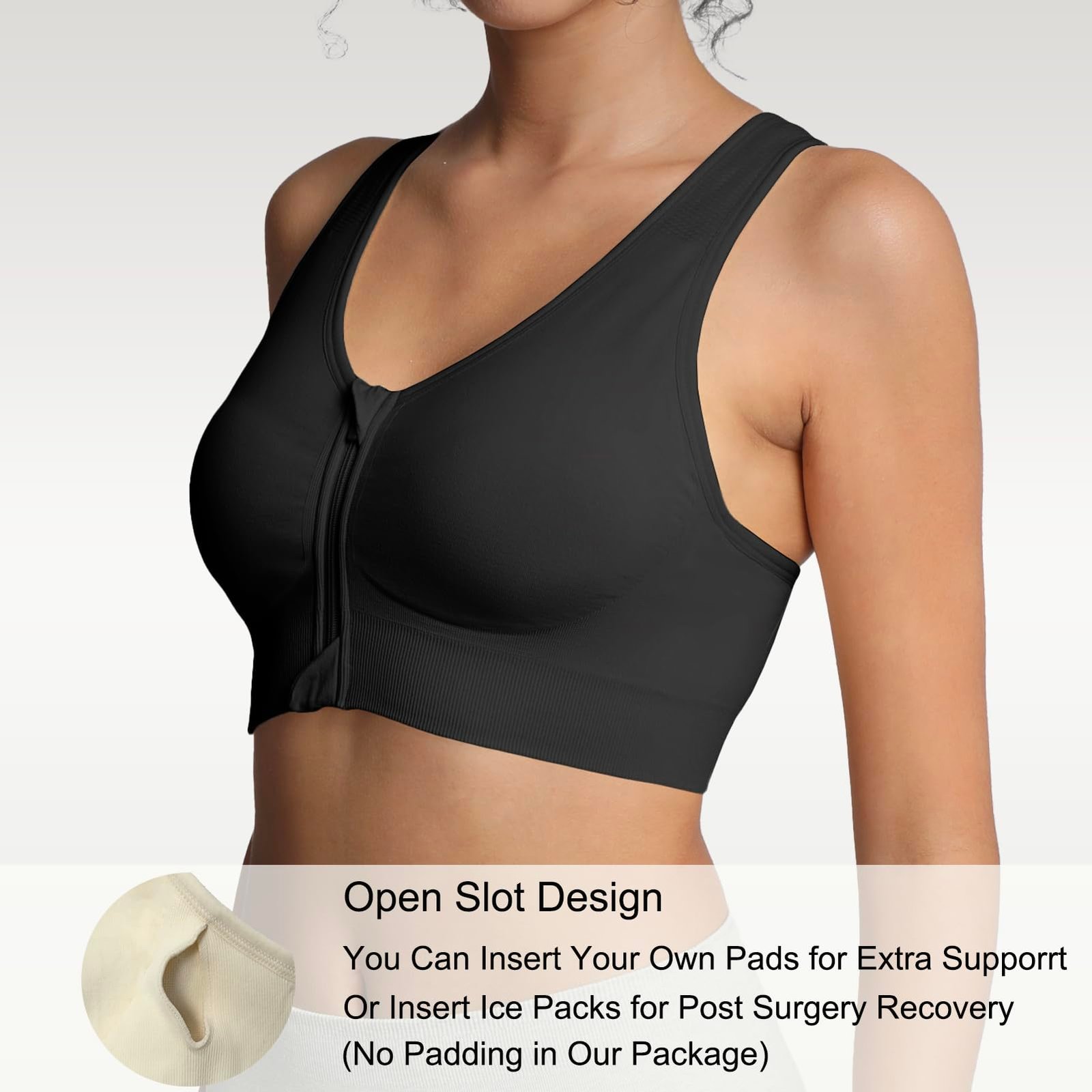 Lemef Sports Bras for Women Full Support Front Zip Closure Compression Bras Post Surgery Wireless Racerback Sport Brassiere Black L - Image 5