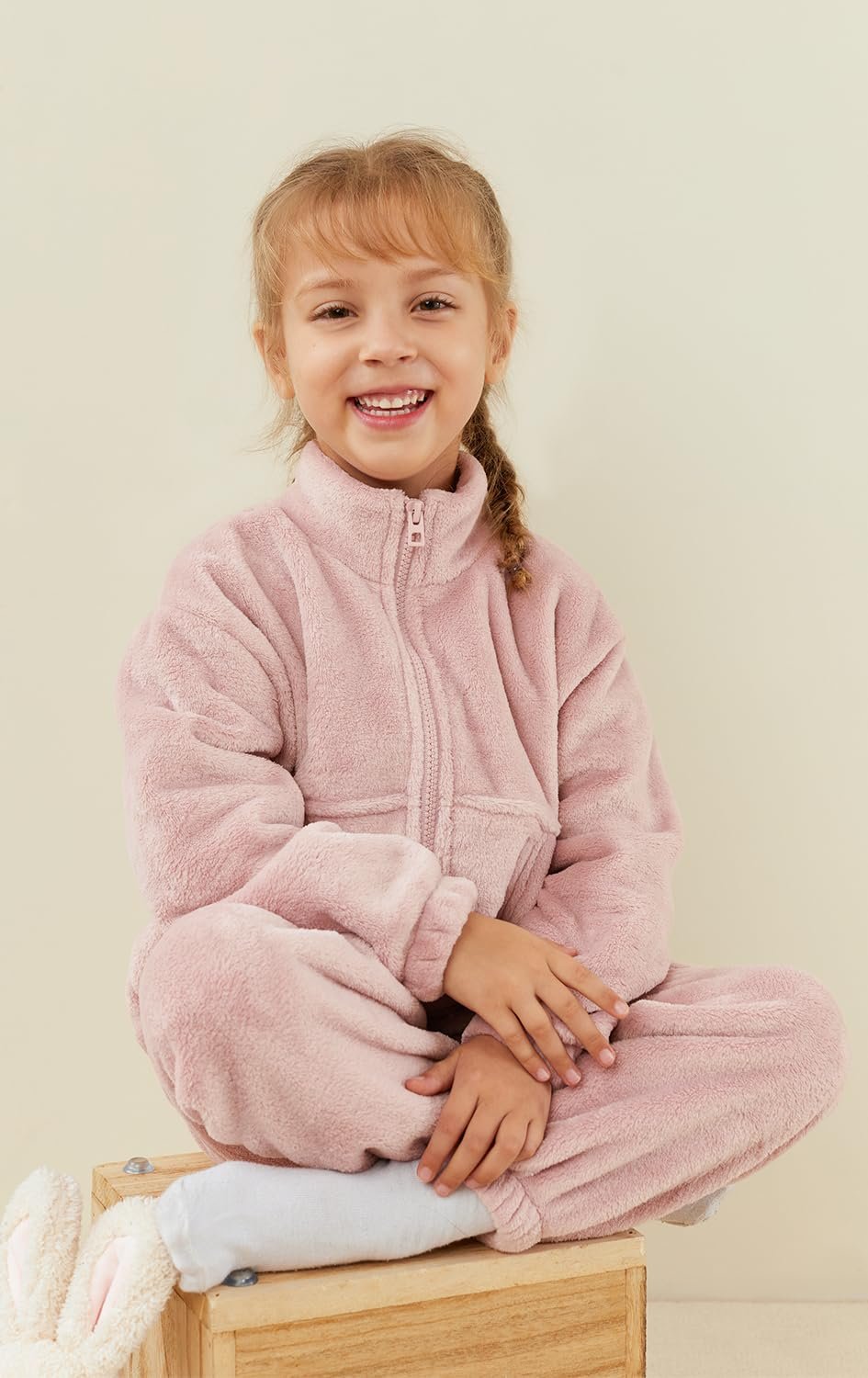 kiddook Girls' Flannel Pajama Sets, Zipper Top and Pants Winter Warm Soft Fuzzy Homewear(Pink,8-9Years) - Image 5