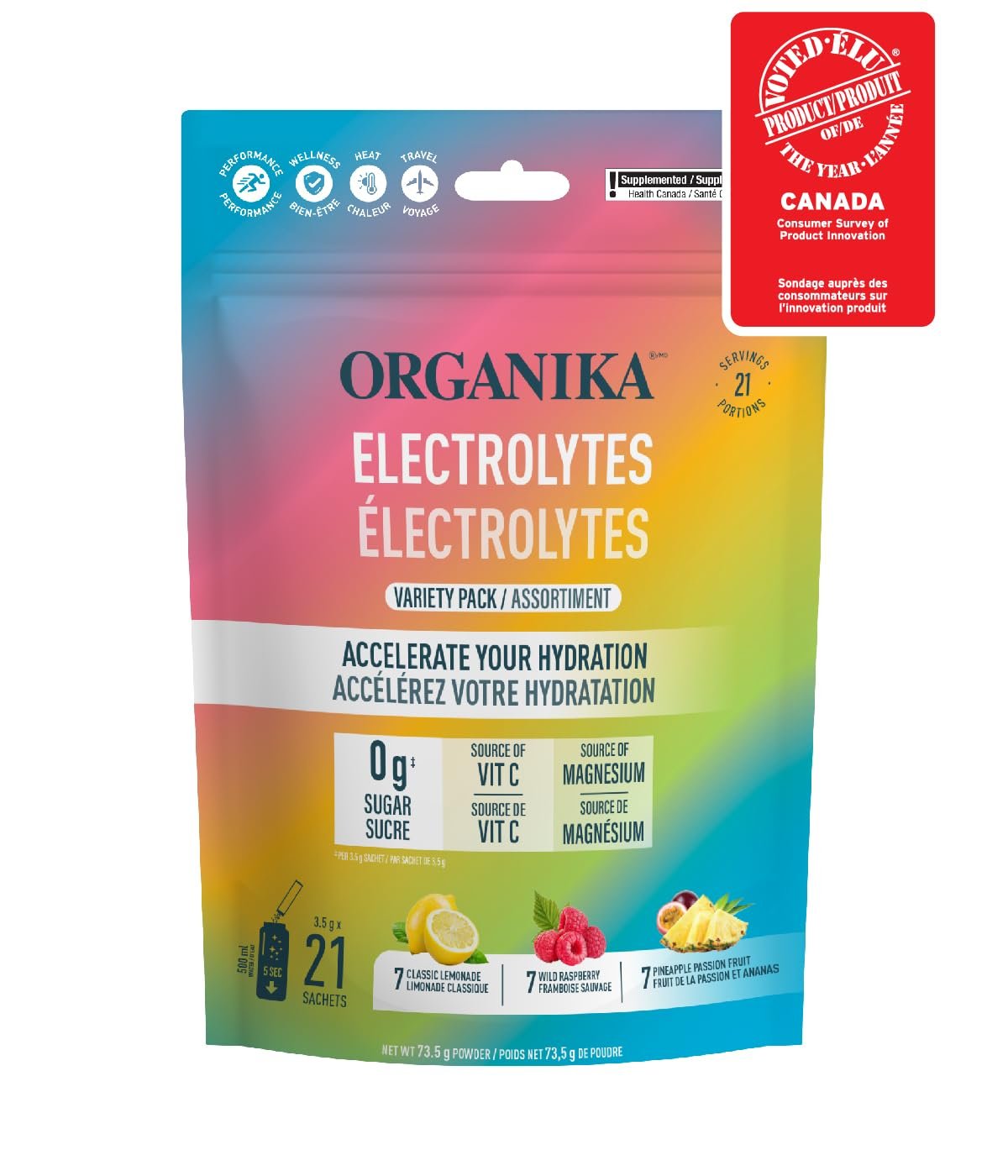 Organika Canadian-Made Electrolytes Powder - Variety Pack Sachets (Raspberry/Lemonade/Pineapple) On-the-Go Sugar-Free Hydration and Electrolyte Replenishment with Prebiotics and Vitamin C, 3.5g x 21ct - Image 3