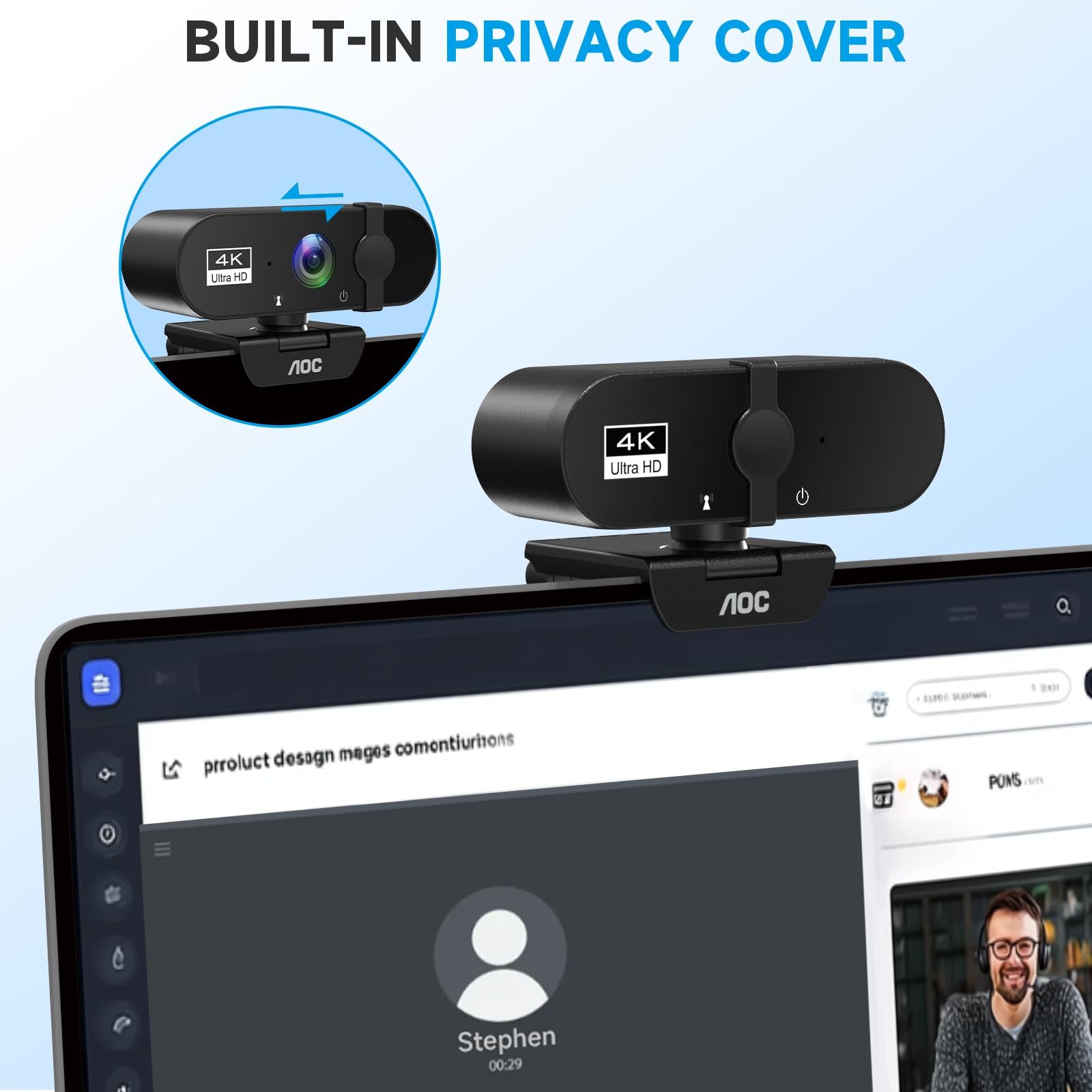 AOC 4k Webcam for PC with Microphone, Computer Camera with Noise Cancellation, Privacy Cover, 99° FOV, Plug & Play USB Webcam for Streaming, Conferencing, Zoom, Skype, Facetime, Laptop, PC, Skype - Image 5