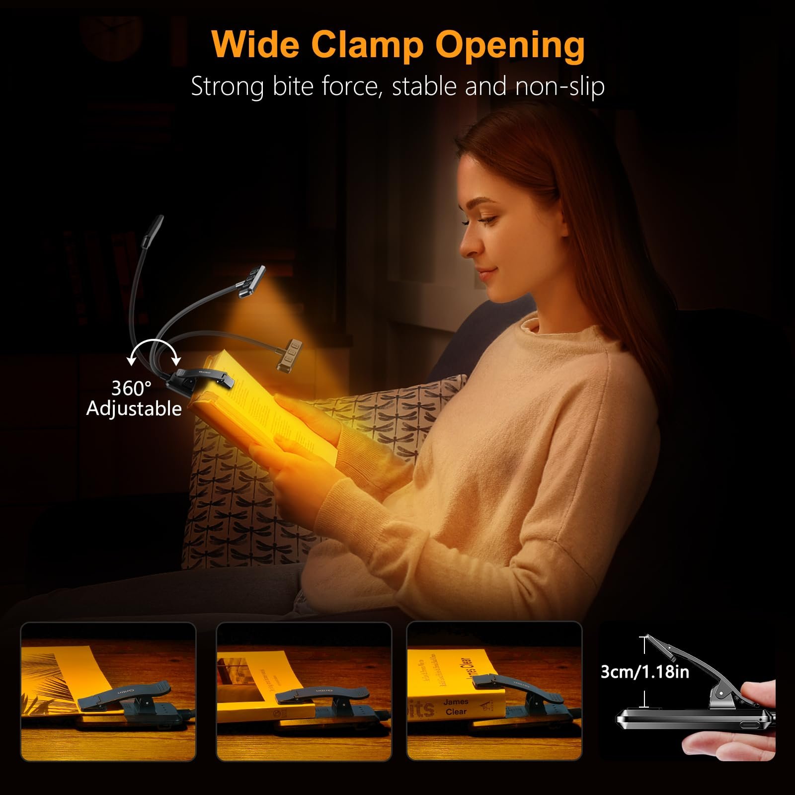 Gritin 19 LED Rechargeable Book Light for Reading in Bed with Memory Function- Eye Caring 3 Color Temperatures,Stepless Dimming Brightness,90 Hrs Runtime Lightweight Clip on Light for Book Lovers - Image 3