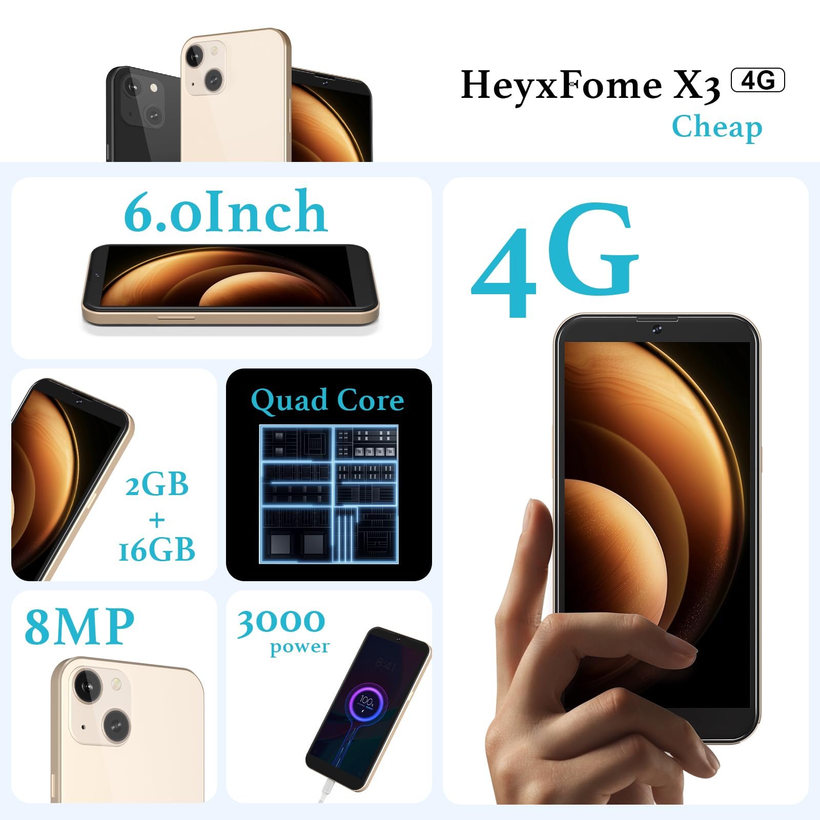 HeyxFome X3 2025 New Cheap 4G LTE GSM Unlocked Android Phones 6.0” Cell Phone 2GB RAM Android Phone 8MP Smartphone 16GB Dual SIM for T-Mobile Only USA Market Face Unlocked (Gold) - Image 9